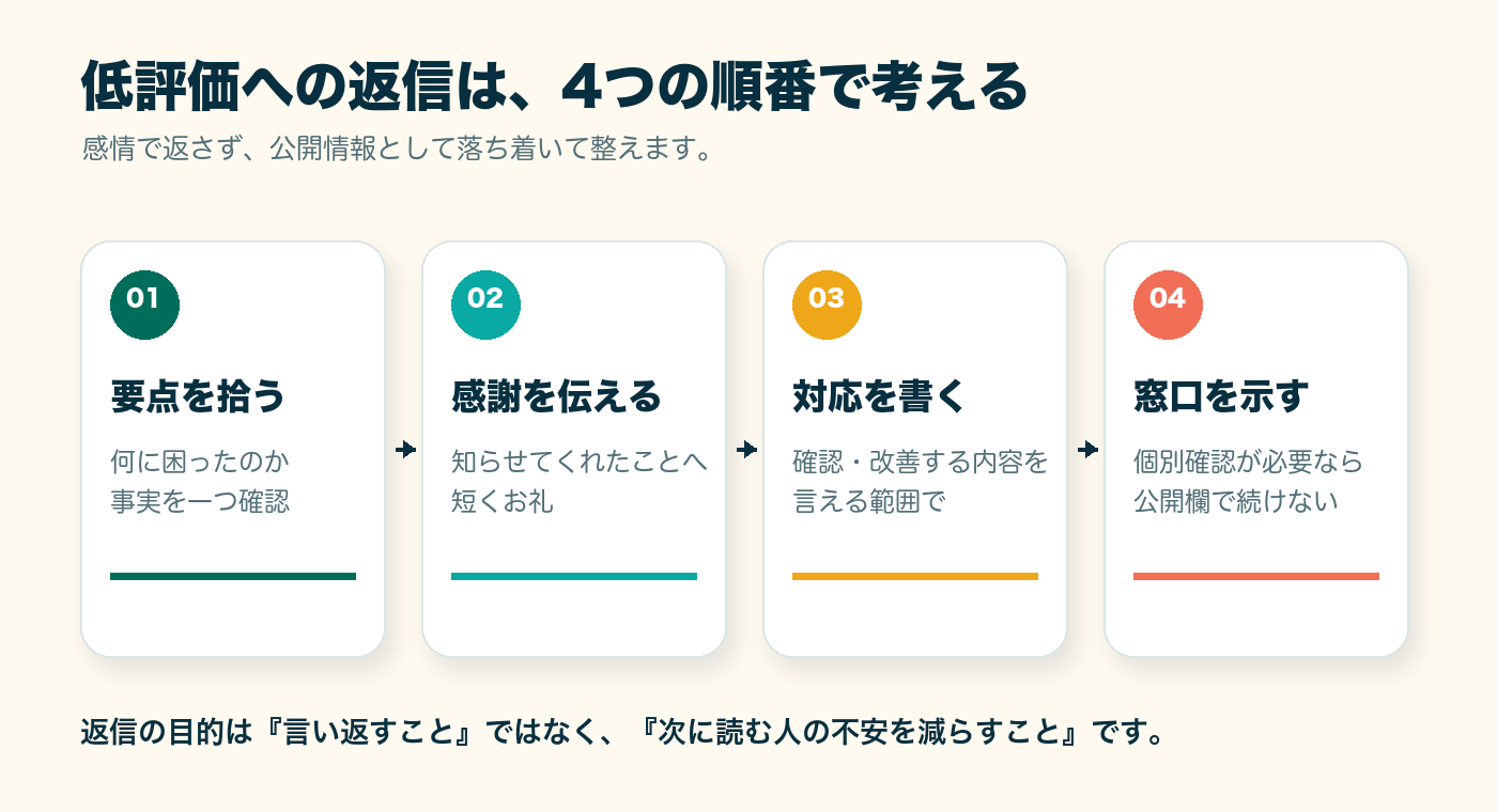 低評価の口コミへ要点確認、感謝、対応、個別窓口の順で返信する4ステップ