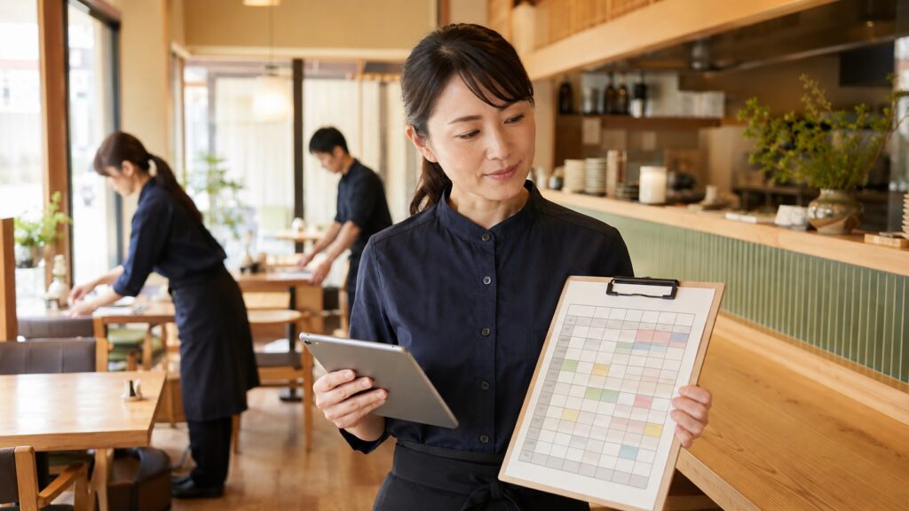 開店前の飲食店でタブレットと週間シフト表を確認する店舗責任者