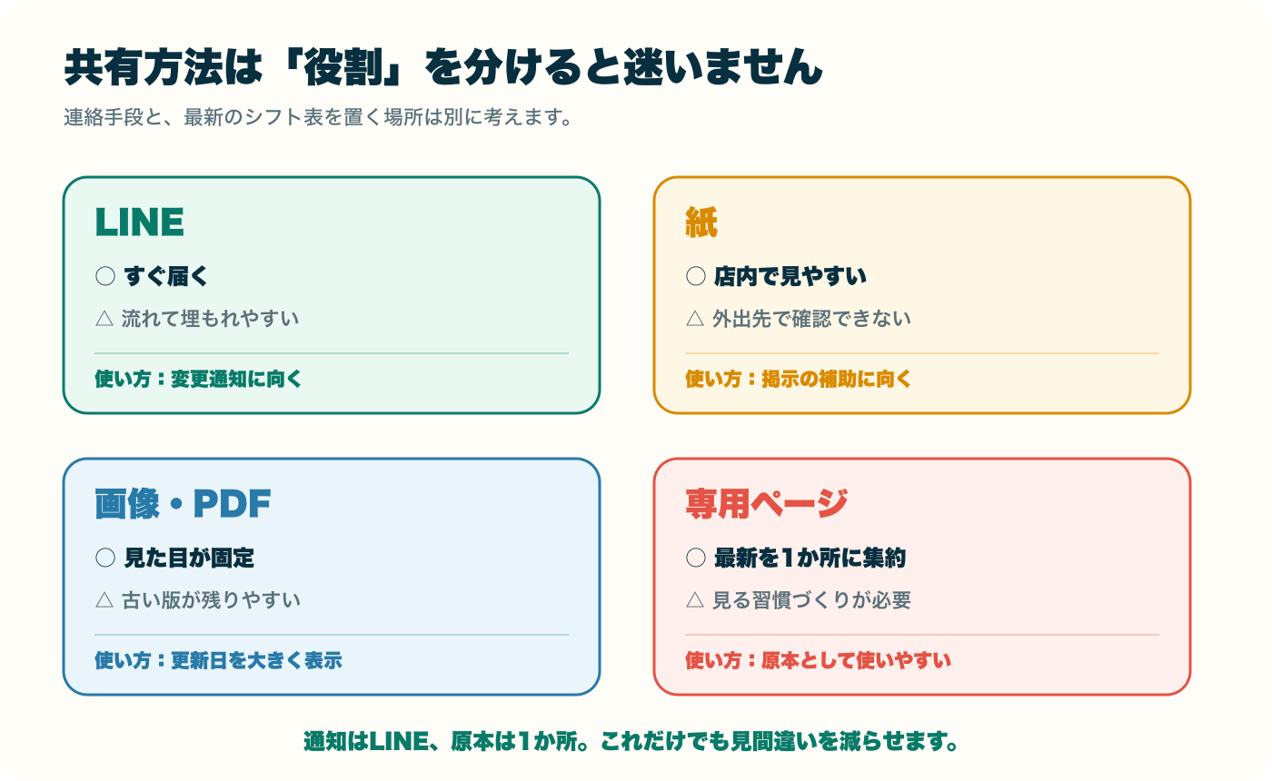 LINE・紙・画像PDF・専用ページでシフト表を共有するときの特徴を比較した図