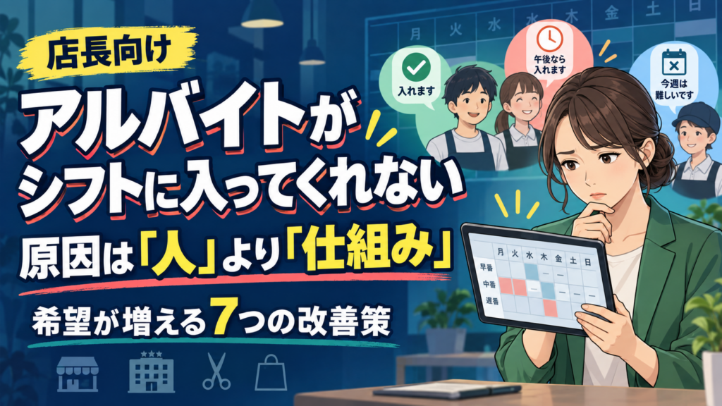 シフト希望が集まらず悩む店長と、スタッフの勤務可能時間を整理したイラスト