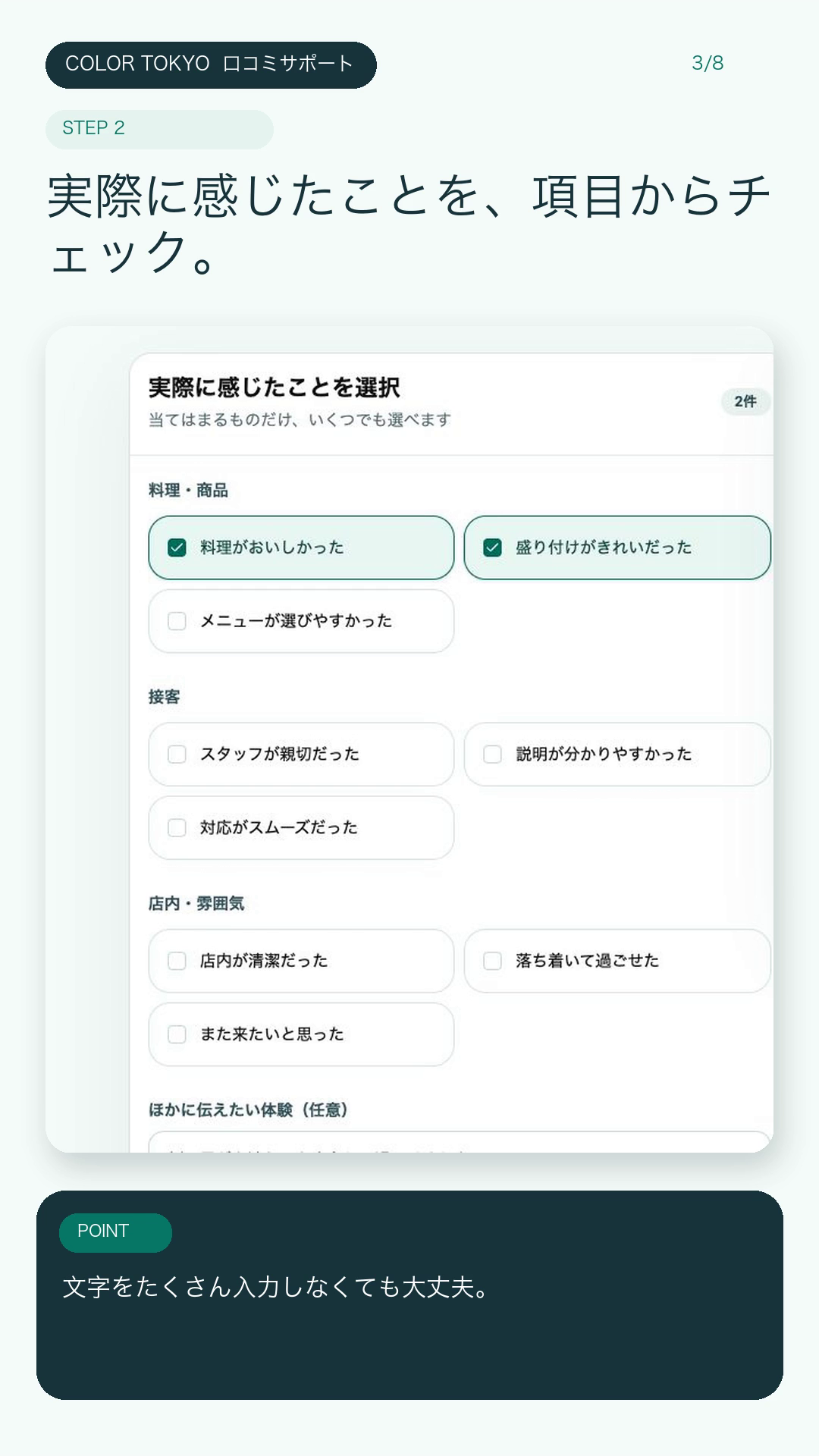 選択した内容から口コミ文章の下書きが作成された画面