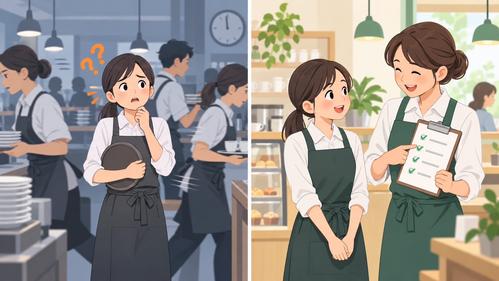 忙しい店内で一人になった新人と、担当の先輩がチェックリストを使って教える様子の比較