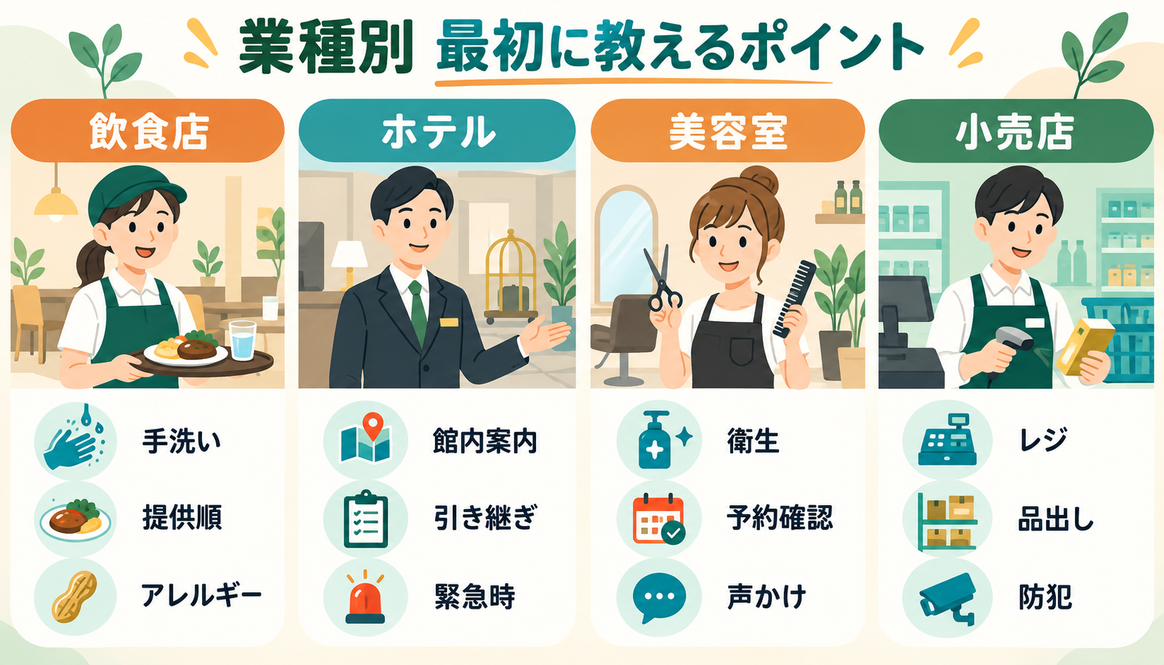 飲食店・ホテル・美容室・小売店で新人へ最初に教える項目