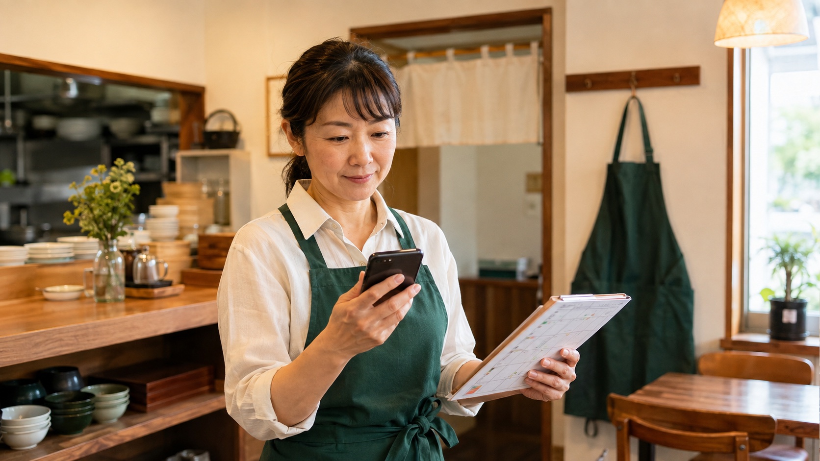 急な欠員連絡を受け、スマートフォンとシフト表で対応する店舗責任者