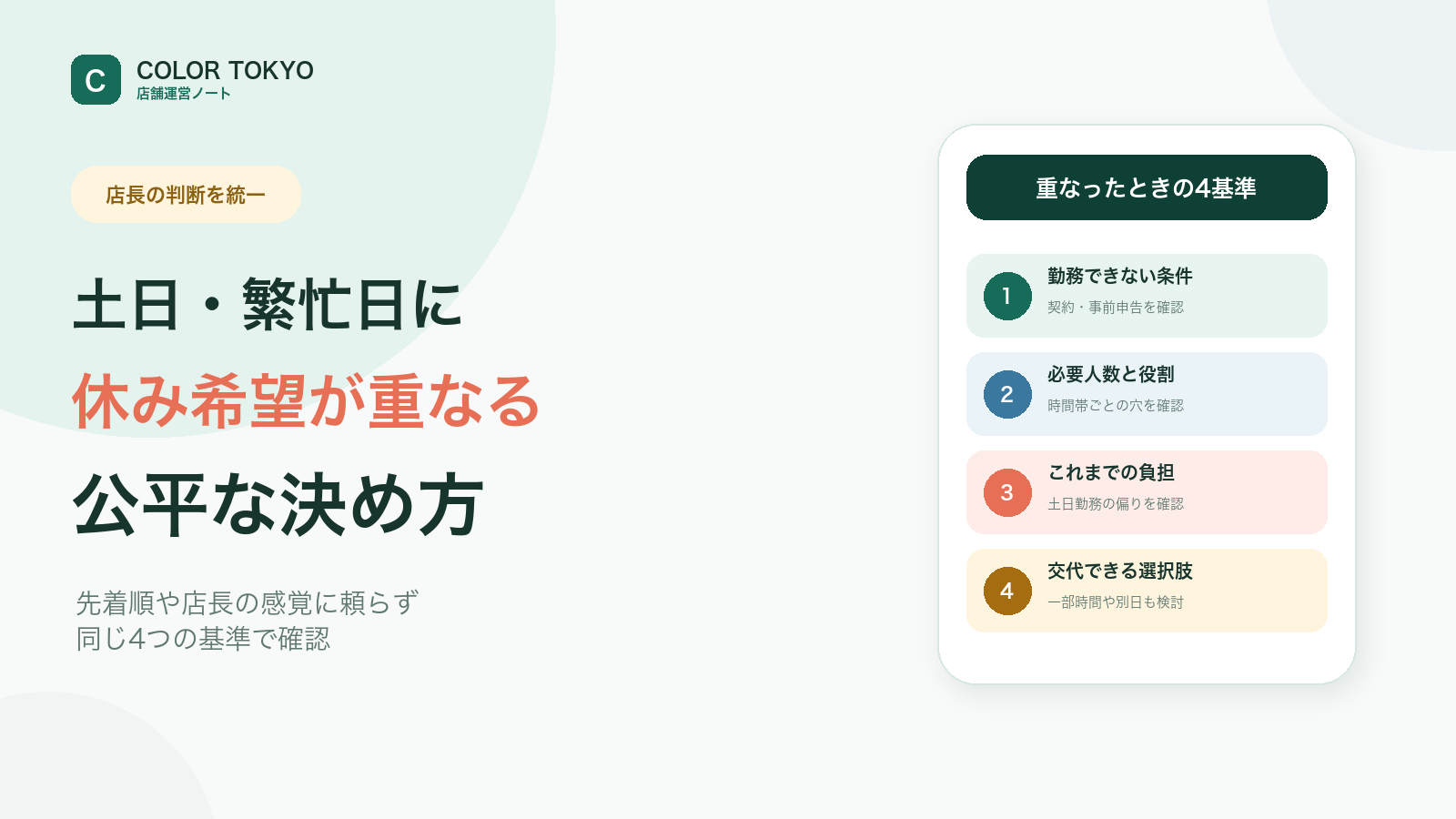 土日や繁忙日に休み希望が重なったときに4つの基準で公平にシフトを決める方法の図解